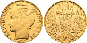 1936 France: Republic Bazor gold 100 Francs, KM-880. (6,60 g), UNC
