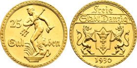 1930 Germany: Danzig Free City gold 25 Gulden, KM-150. (7,90 g), UNC