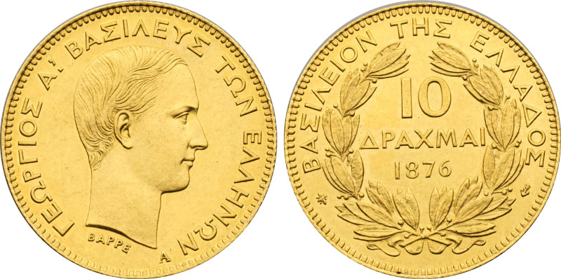 1876 Greece: George I gold 10 Drachmai, KM-48. (3,30 g). UNC