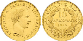 1876 Greece: George I gold 10 Drachmai, KM-48. (3,30 g). UNC