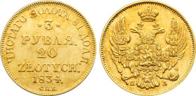 1834 CПБ-ПД Poland: Nicholas I of Russia gold 20 Zlotych (3 Roubles), KM-C136.2, Bit-1075. (3,90 g). AU/UNC