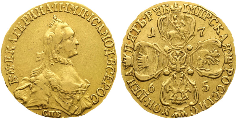 1765-СПБ Russia: Catherine II gold 5 Roubles, KM-C78.2. (6,50 g). XF/AU