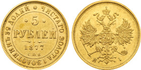 1877 CПБ-HI Russia: Alexander II gold 5 Roubles, KM-YB26, Bit-25. (6,50 g). UNC