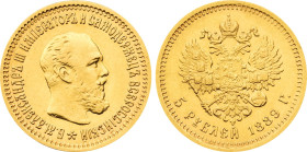 1889 AГ-AГ Russia: Alexander III gold 5 Roubles, KM-Y42, Bit-34. (6,40 g). AU/UNC