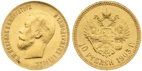 1903 Russia: Nicholas II gold 10 Roubles, KM-Y64. (8,60 g). AU