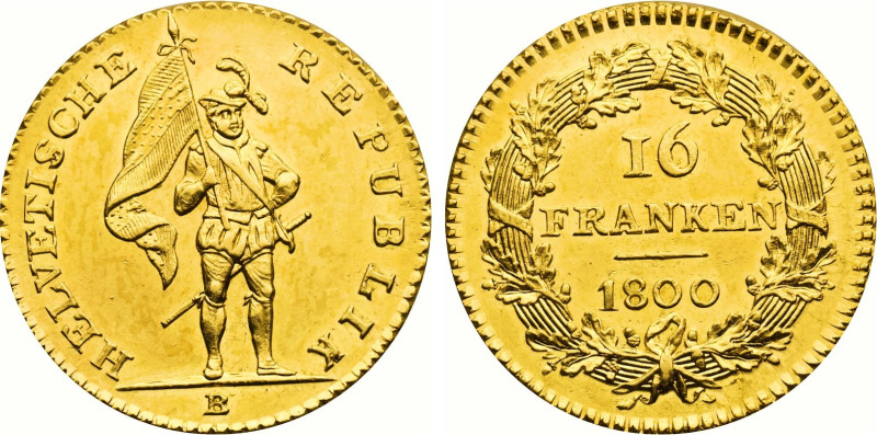 1800-B Switzerland: Helvetic Republic gold 16 Franken, KM-A12. (7,70 g). UNC/Pro...