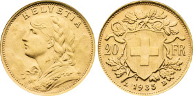 1935-LB Switzerland: Confederation gold 20 Francs, KM-35.1. (6,40 g). UNC