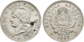1882 Argentina: Republic silver 50 Centavos, KM-29. (12,50 g). AU/UNC