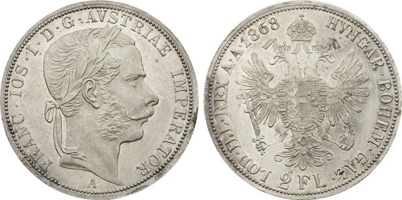 1868 Austria: Franz Joseph I silver 2 Florin, KM-2232. (24,60 g). AU/UNC