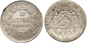 1871 Bolivia: Republic silver Boliviano, KM-155.3. (25,00 g), XF/AU
