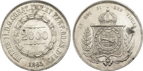 1865 Brazil: Pedro II silver 2000 Reis, KM-466. (25,40 g). AU/UNC