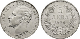 1894-KB Bulgaria: Ferdinand I silver 5 Leva, KM-18. (25,00 g). XF/AU