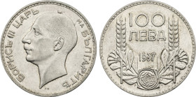 1937-PM Bulgaria: Boris III silver 100 Leva, KM-45. (20,00 g). AU/UNC