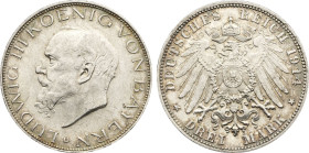 1914-D Germany: Bavaria Ludwig III silver 3 Mark, KM-1005. (16,70 g). AU