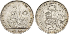 1872-YJ Peru: Republic silver Sol, KM-196.3. (24,90 g). XF/AU
