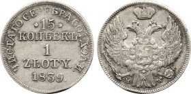 1839-MW Poland: Nicholas I silver Zloty-15 Kopeks, KM-C129. (2,90 g). AU