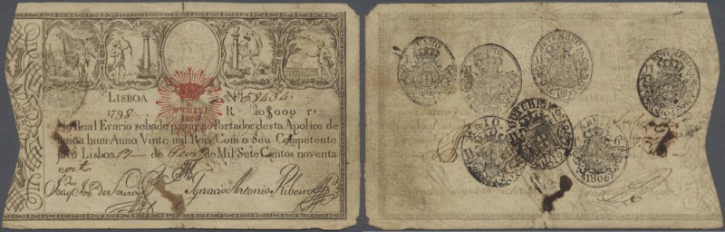Portugal: 20.000 Reis 1828 P. 45, used with folds, stains but only a few holes a...