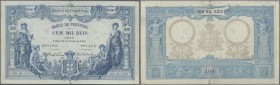 Portugal: 100.000 Reis 1908 P. 78, highly rare and beautiful note, stronger center fold, a very very tiny center hole, 5mm tear at lower border center...