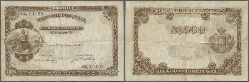 Portugal: 2500 Reis 1904 P. 79, vertical and horizontal fold, small repair in ce...