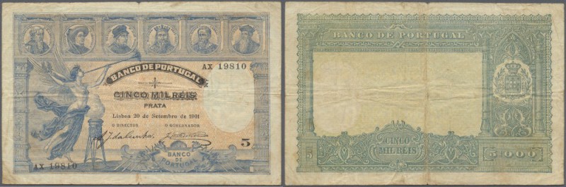 Portugal: 5000 Reis 1901 P. 80, very rare issue, folded, stains at borders and o...
