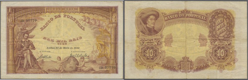 Portugal: 10.000 Reis 1908 P. 81, beautiful note, vertical and horizontal fold, ...