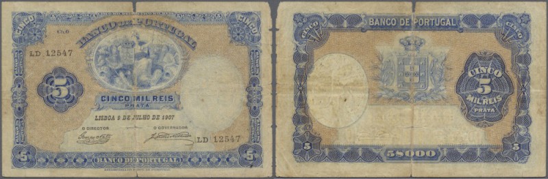 Portugal: 5000 Reis 1907 P. 83, strong center fold, stained paper, a broad tear ...