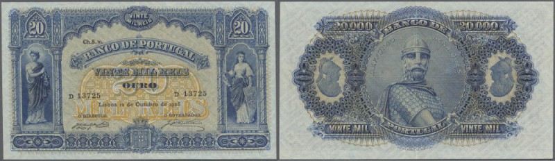 Portugal: 20.000 Reis 1906 P. 84, beautiful and rare note, one light center fold...