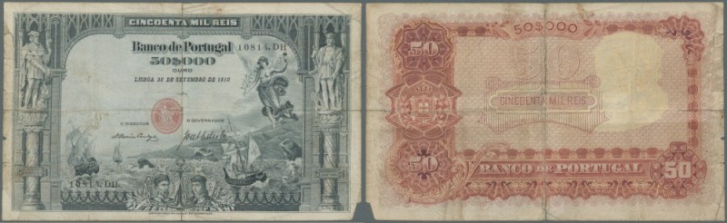 Portugal: 50.000 Reis 1910 P. 85, rare note, center and horizontal fold, some bo...