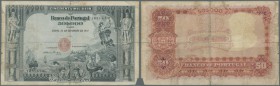 Portugal: 50.000 Reis 1910 P. 85, rare note, center and horizontal fold, some border tears, missing part at lower right corner, strong center fold, no...