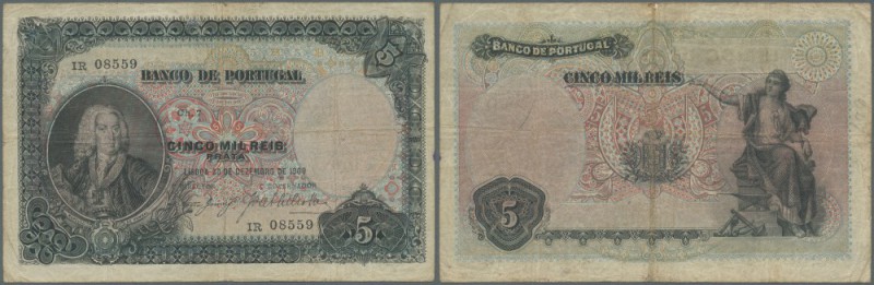 Portugal: 500 Reis 1909 P. 104, folded but no holes or tears, normal traces of u...