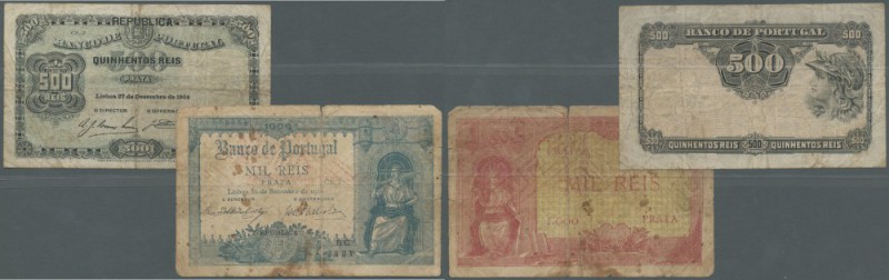 Portugal: set of 2 notes 500 Reis 1904 P. 105a (F to F-), 1000 Reis 1910 P. 106,...