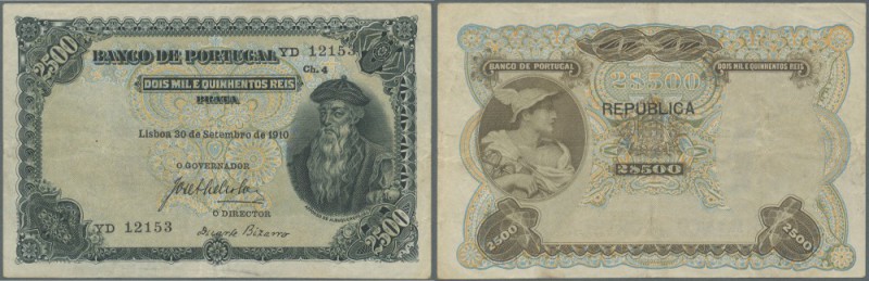 Portugal: 2500 Reis 1910 P. 107, center fold and corner fold at upper left, no h...