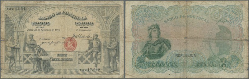 Portugal: 10.000 Reis 1910 P. 108b, well worn condition, 2cm tear at left, cente...