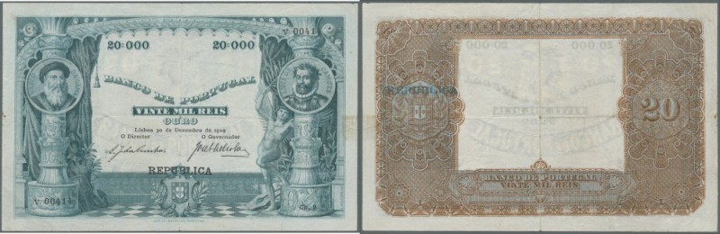 Portugal: 20.000 Reis 1909 P. 109, beautiful and rare note with nice design, ver...