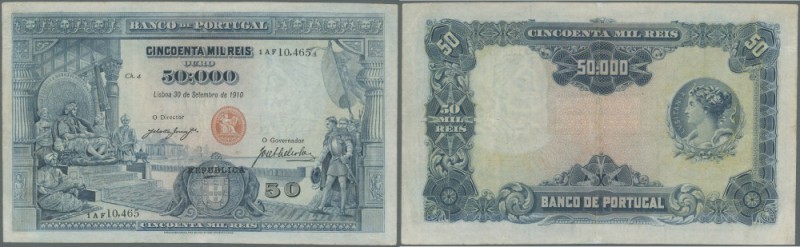 Portugal: 50.000 Reis 1910 P. 110, center fold, 2 tiny parts at the end of the c...
