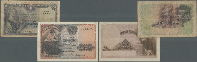 Portugal: set of 2 notes containing 20 Centavos 1920 P. 112b (F to F-) and 1 Esc...
