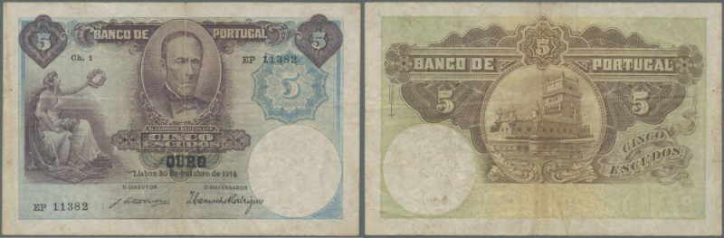Portugal: 5 Escudos 1914 P. 114, center fold, creases in paper, two 4mm tears at...