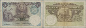 Portugal: 5 Escudos 1914 P. 114, center fold, creases in paper, two 4mm tears at left border, 2mm tear at upper border, no holes, not repaired, still ...