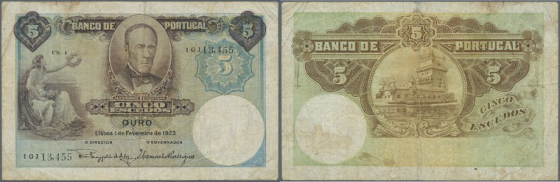 Portugal: 5 Escuods 1923 P. 114 in used condition with several folds and a stron...