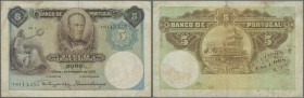 Portugal: 5 Escuods 1923 P. 114 in used condition with several folds and a stronger center fold, some staining in paper but still original coloring, a...