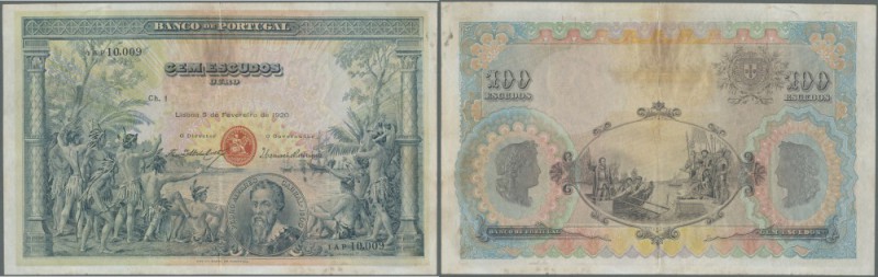 Portugal: 100 Escudos 1920 P. 116, beautiful large size note, traces of stain at...