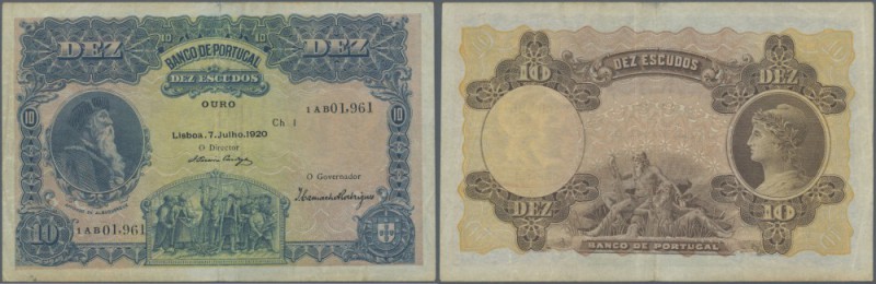 Portugal: 10 Escudos 1920 P. 117 in nice condition with only a center fold and a...