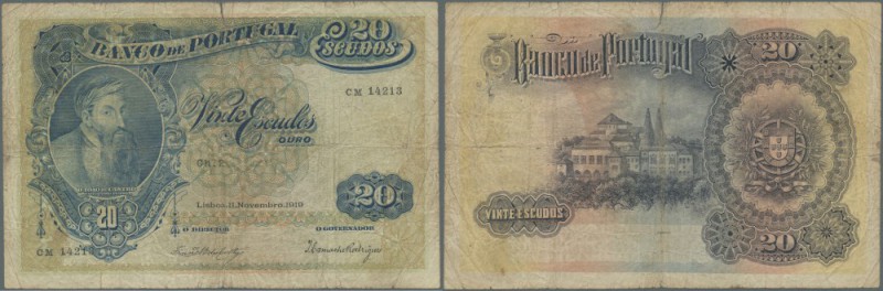 Portugal: 20 Escudos 1919 P. 118, stained paper, several folds, strong center fo...