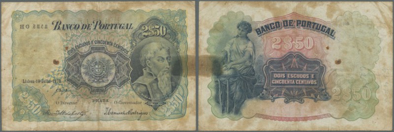 Portugal: 2,5 Escudos 1920 P. 119, lots of stain in paper, 3 pinholes and folds,...