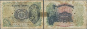 Portugal: 2,5 Escudos 1920 P. 119, lots of stain in paper, 3 pinholes and folds, still nice colors, not repaired. Condition: F-.