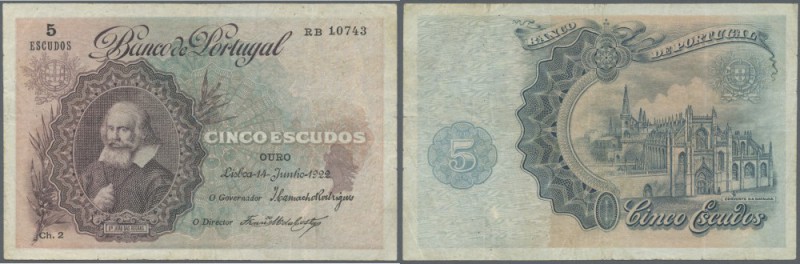 Portugal: 5 Escudos 1922, P.119, used condition with several folds and stains, t...