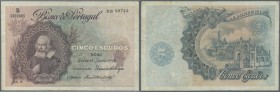 Portugal: 5 Escudos 1922, P.119, used condition with several folds and stains, tiny tears at right border. Rare! Condition: F