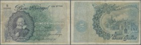 Portugal: 5 Escudos 1920 P. 120, pressed, repair at upper and left border, a bit discoloration on front, no holes or tears, condition: F-.