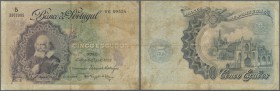 Portugal: 5 Escudos 1922 P. 120 in used codition with stained paper and several folds but no holes or tears, still a nice collectable item. Condition:...