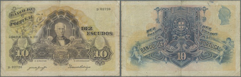 Portugal: 10 Escudos 1920 P. 121, several folds, light stain in paper due to usa...
